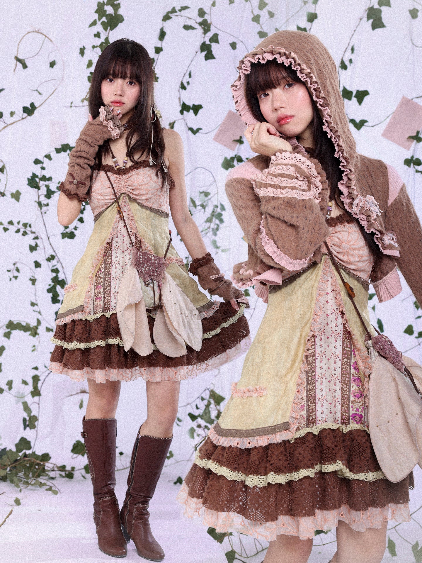 ROSE ISLAND Fairycore Sprout Spring Crystal Beaded Button-Up Elf-Inspired Fitted Dress