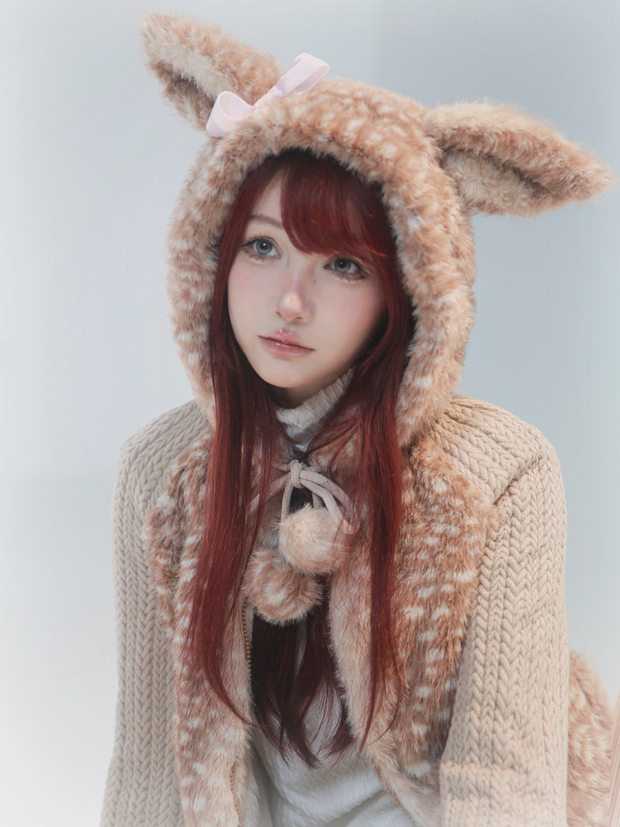 【rose island】City Elf  flower cluster deer artificial fur splicing knitted hooded jacket