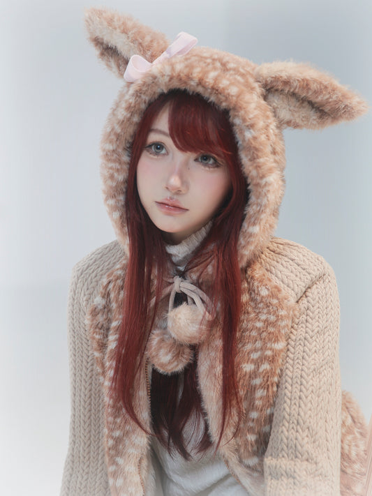 【rose island】City Elf  flower cluster deer artificial fur splicing knitted hooded jacket