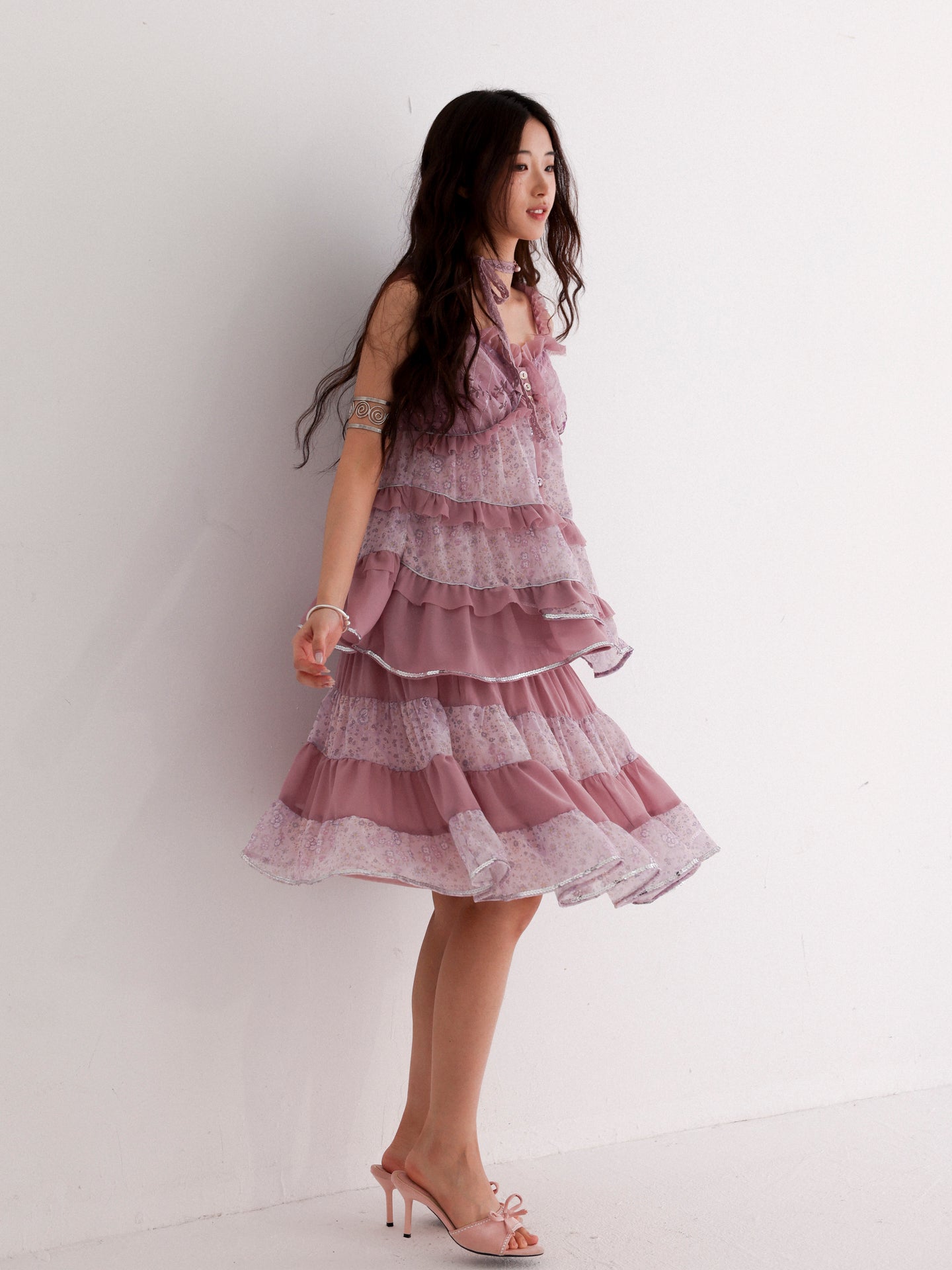 [ROSE ISLAND] Ziyanghua Section Floral Chiffon A-Line Large Swing Panel Spliced Sequin Top