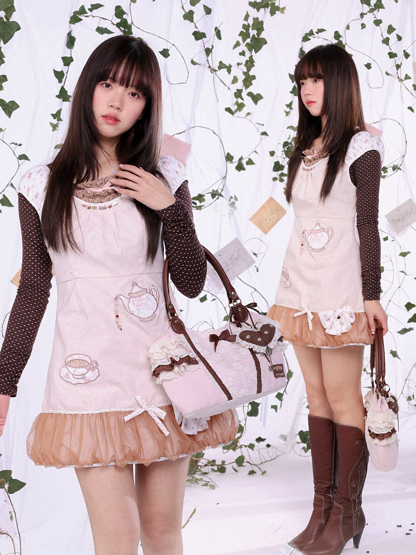 ROSE ISLAND Neapolitan berry chocolate forest-style girlish cotton-feel lace multi-layer underarm bag With pendant
