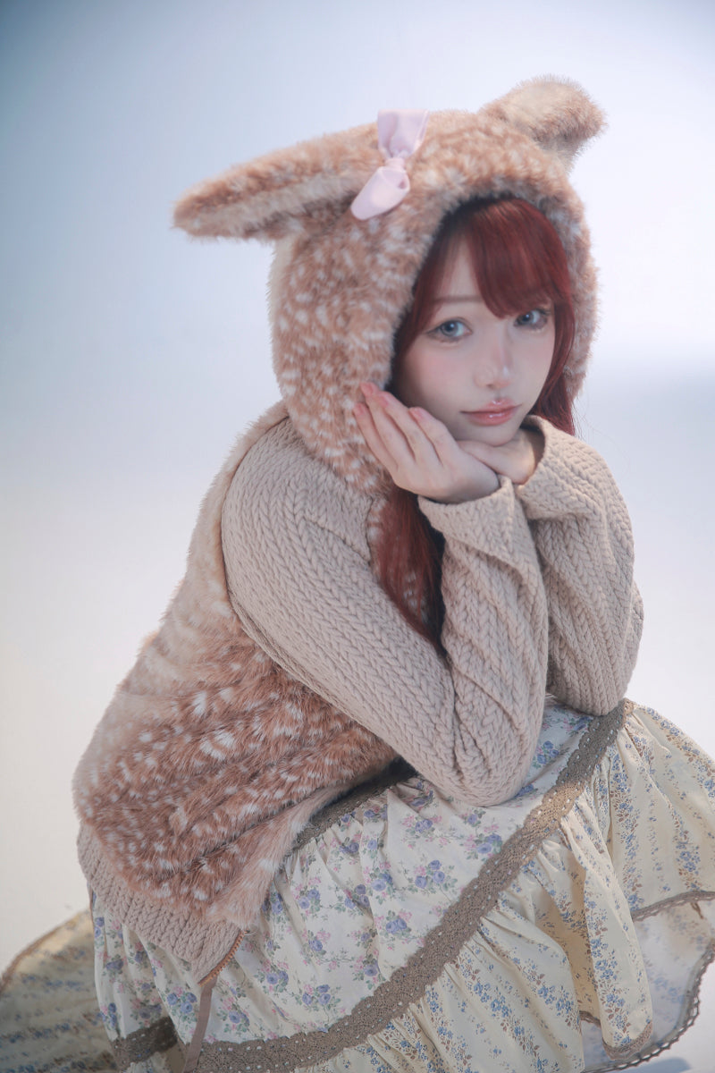 【rose island】City Elf  flower cluster deer artificial fur splicing knitted hooded jacket