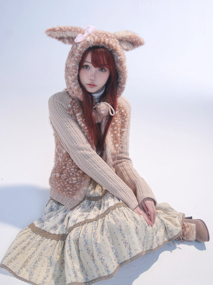 【rose island】City Elf  flower cluster deer artificial fur splicing knitted hooded jacket