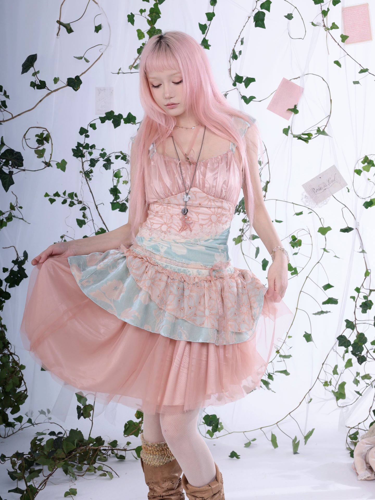 Rosé Isle Kingfisher Dream Color-Block Lace Silk Flocked Multi-Layer Irregular Cake Dress