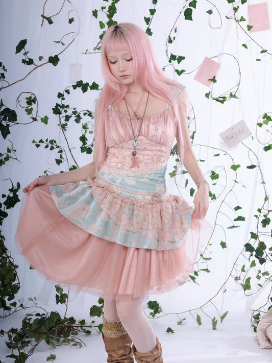 Rosé Isle Kingfisher Dream Color-Block Lace Silk Flocked Multi-Layer Irregular Cake Dress