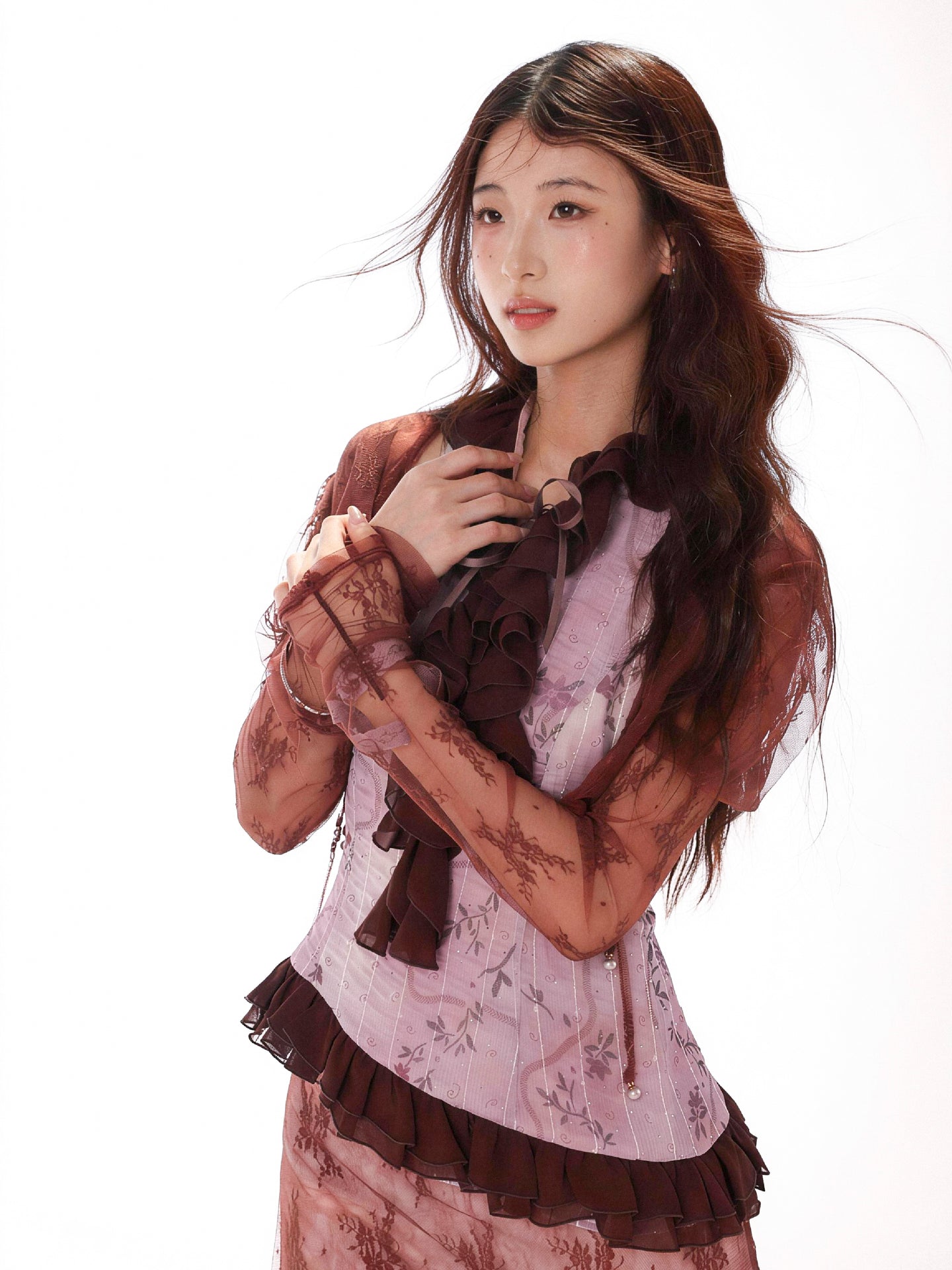 [Rose Island] Fog and Plum Lace Texture Long Sleeve Lantern Sleeve Stretch Short Cardigan