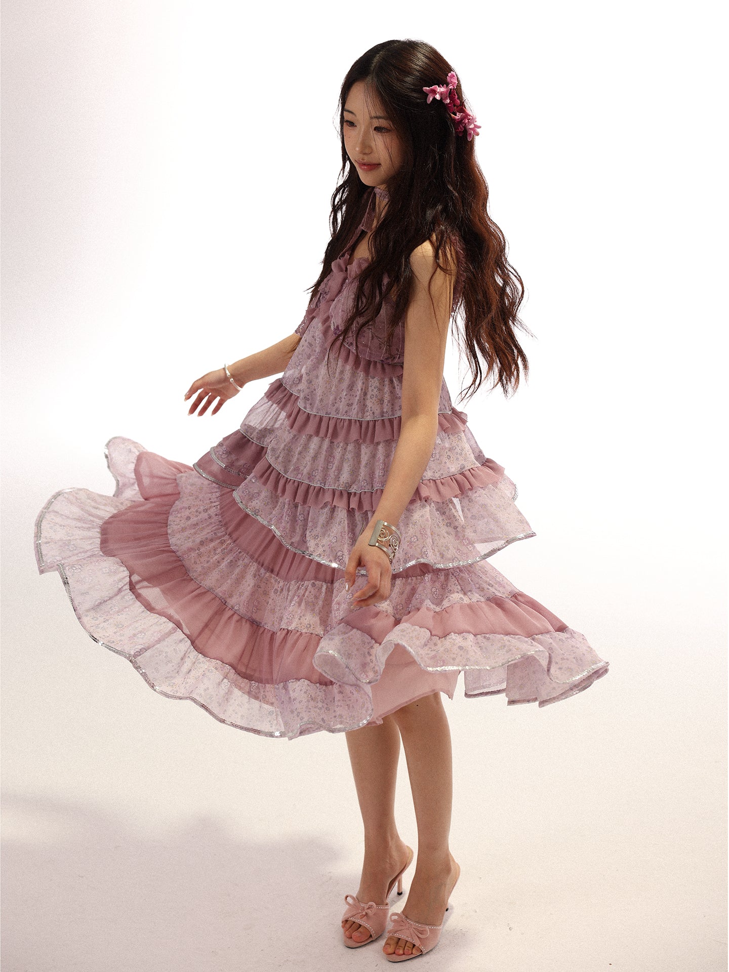 [ROSE ISLAND] Ziyanghua Section Floral Chiffon A-Line Large Swing Panel Spliced Sequin Top