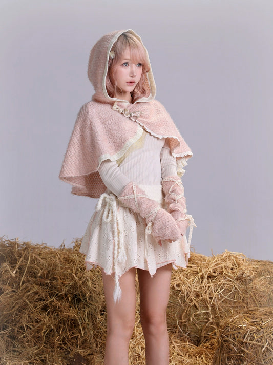 [ROSE ISLAND] Fluffy Forest Language Knitted Fleece Cape with Sleeves
