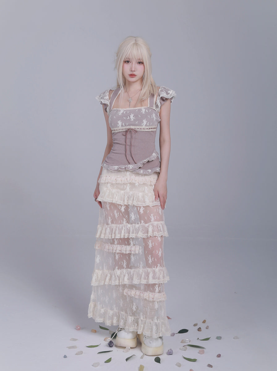 Elf in mist lace midi skirt with inner shorts