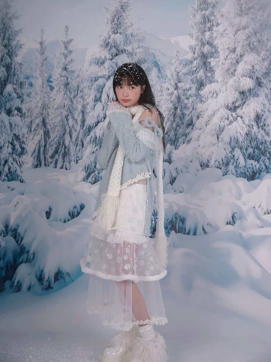 [Rose Island]Snowy Feather Tassel Faux Fur Scarf