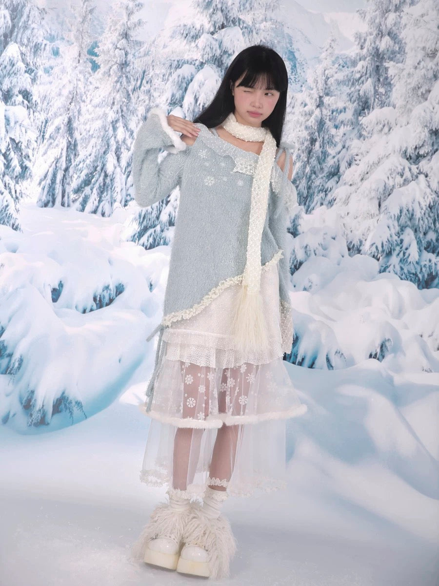 [Rose Island]Snowy Feather Tassel Faux Fur Scarf