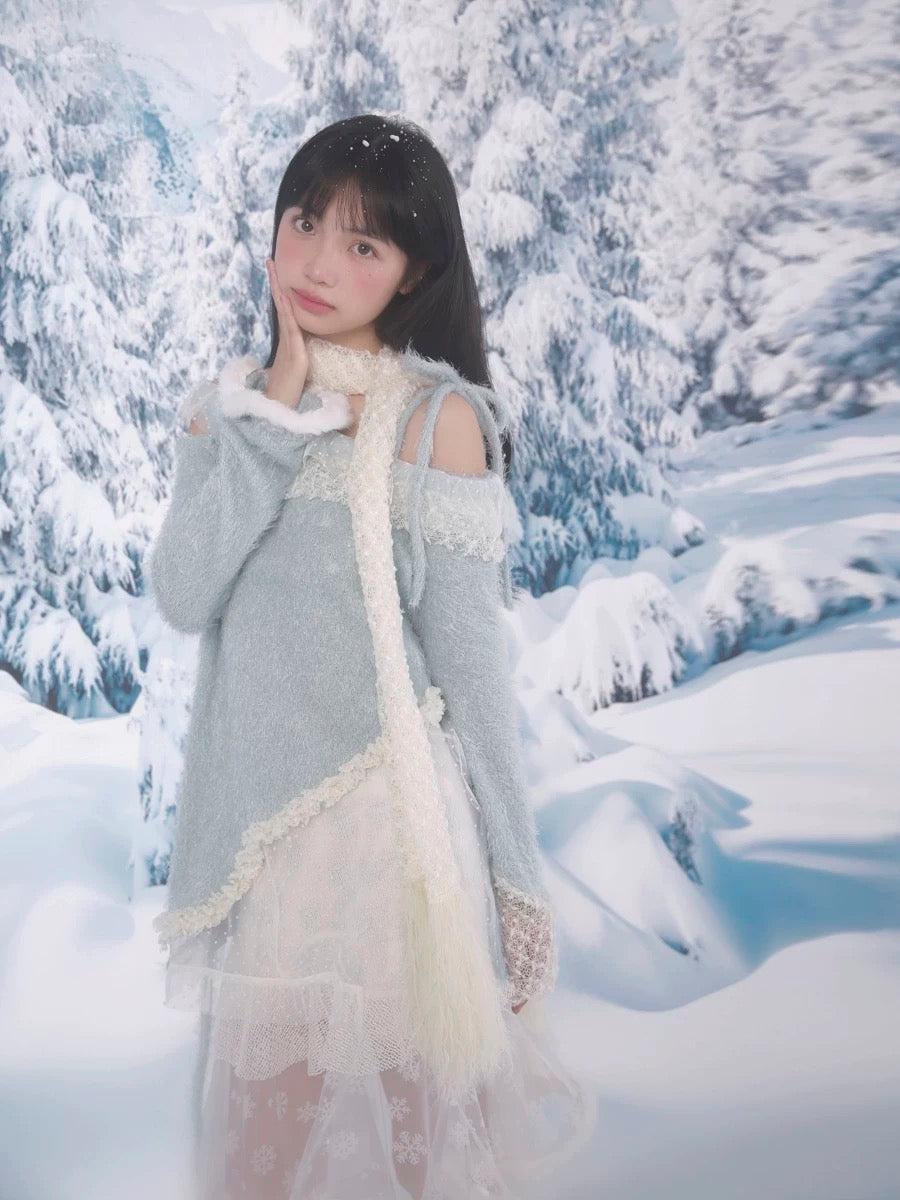 [Rose Island]Snowy Feather Tassel Faux Fur Scarf
