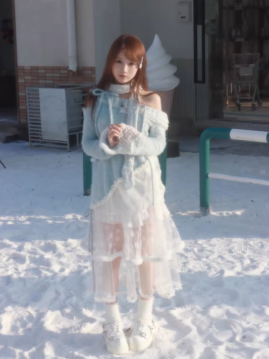 [Rose Island] Snowfall Knit Off-Shoulder Embroidered Sweater