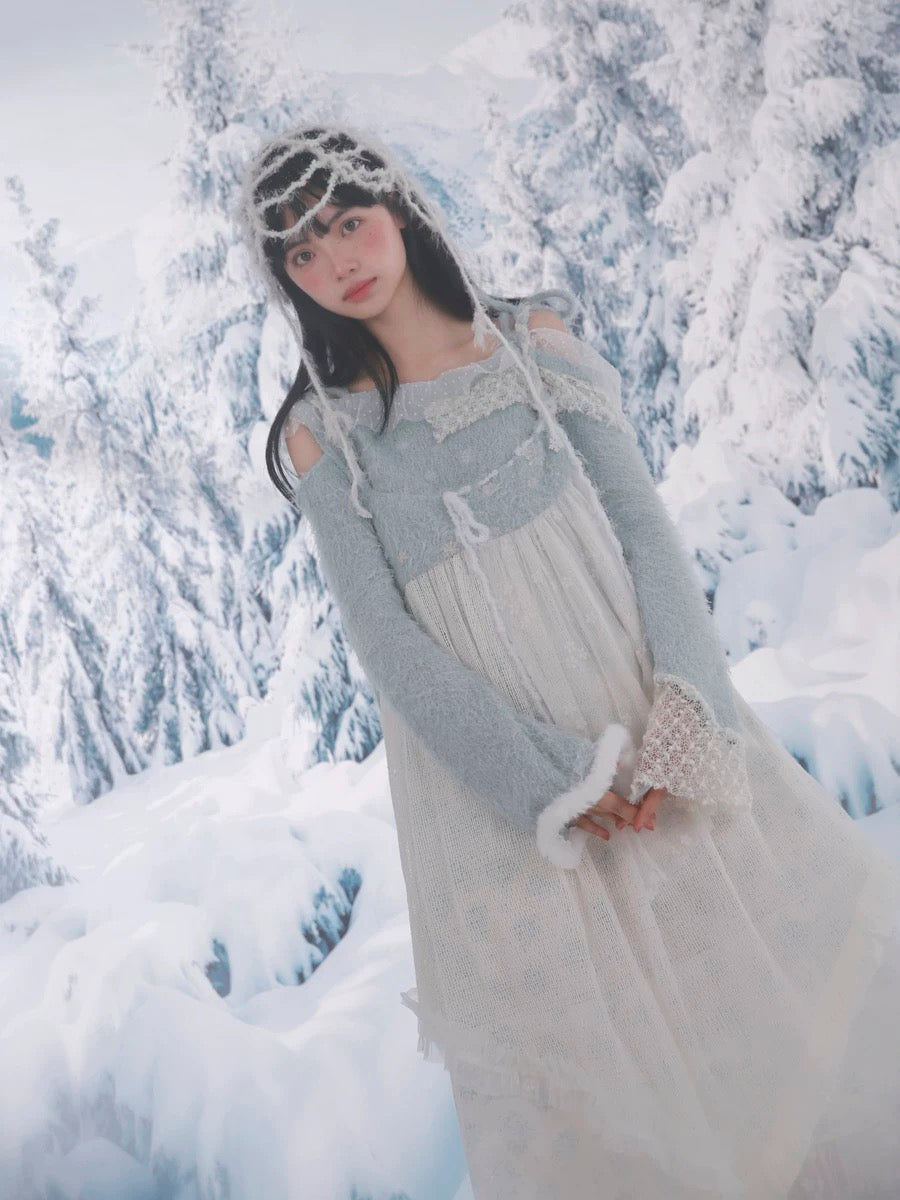 [Rose Island] Snowfall Knit Off-Shoulder Embroidered Sweater