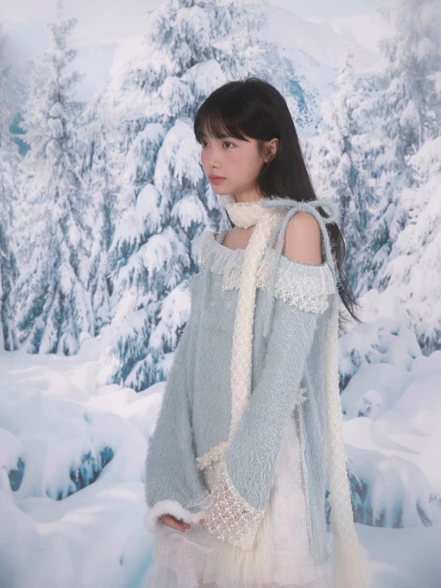 [Rose Island] Snowfall Knit Off-Shoulder Embroidered Sweater