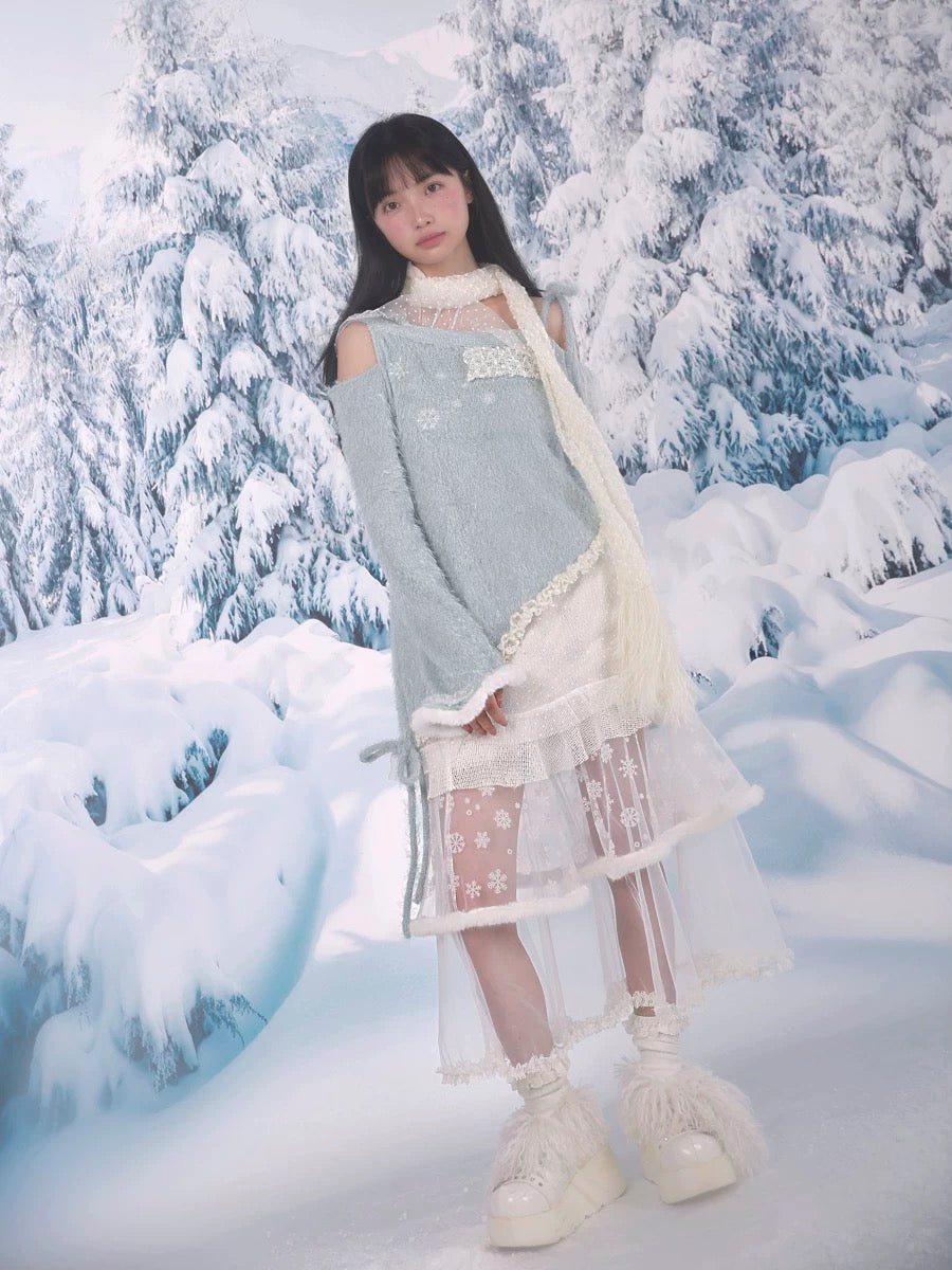 [Rose Island] Snowfall Knit Off-Shoulder Embroidered Sweater