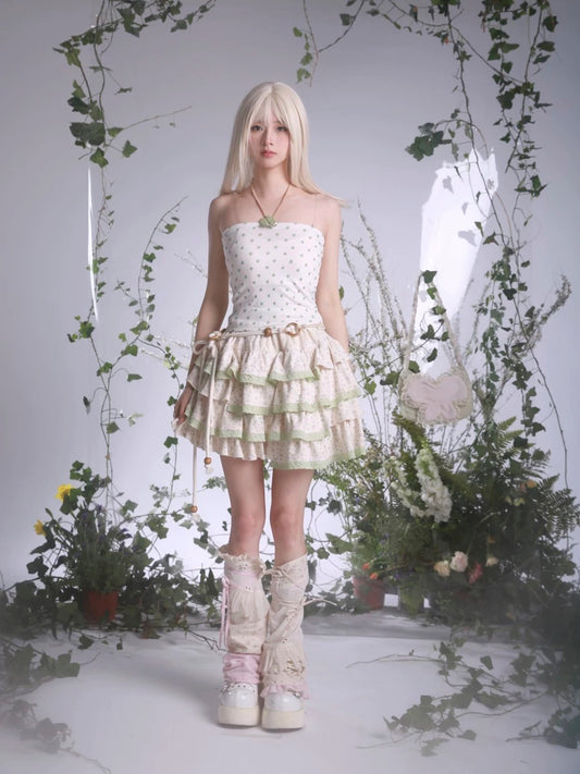 [Rose Island] Lucky Clover Cottage Core Crop Top and Skirt Set