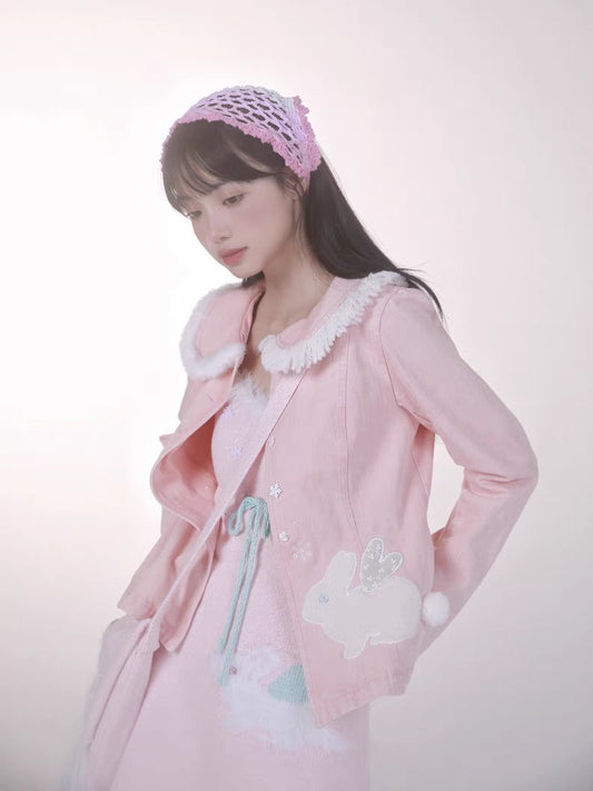 Rose Island Bunny Elf Pink Denim Jacket