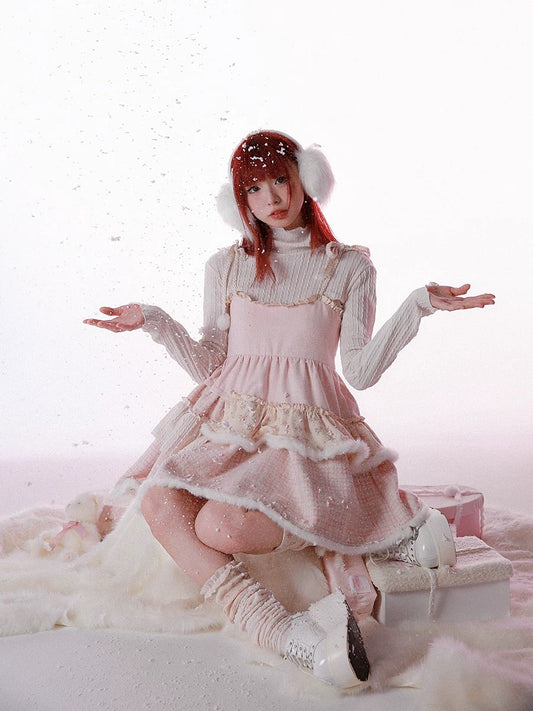 [Rose Island]Pink Bunny Fluffy Strappy Dress