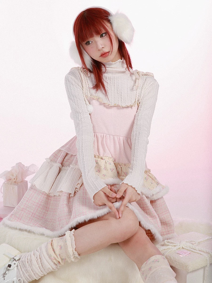 [Rose Island]Pink Bunny Fluffy Strappy Dress