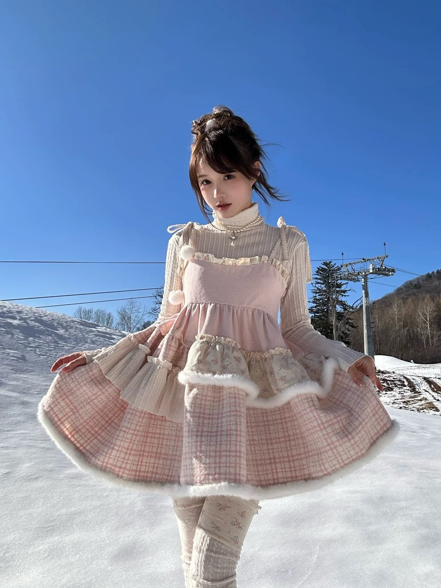 [Rose Island]Pink Bunny Fluffy Strappy Dress