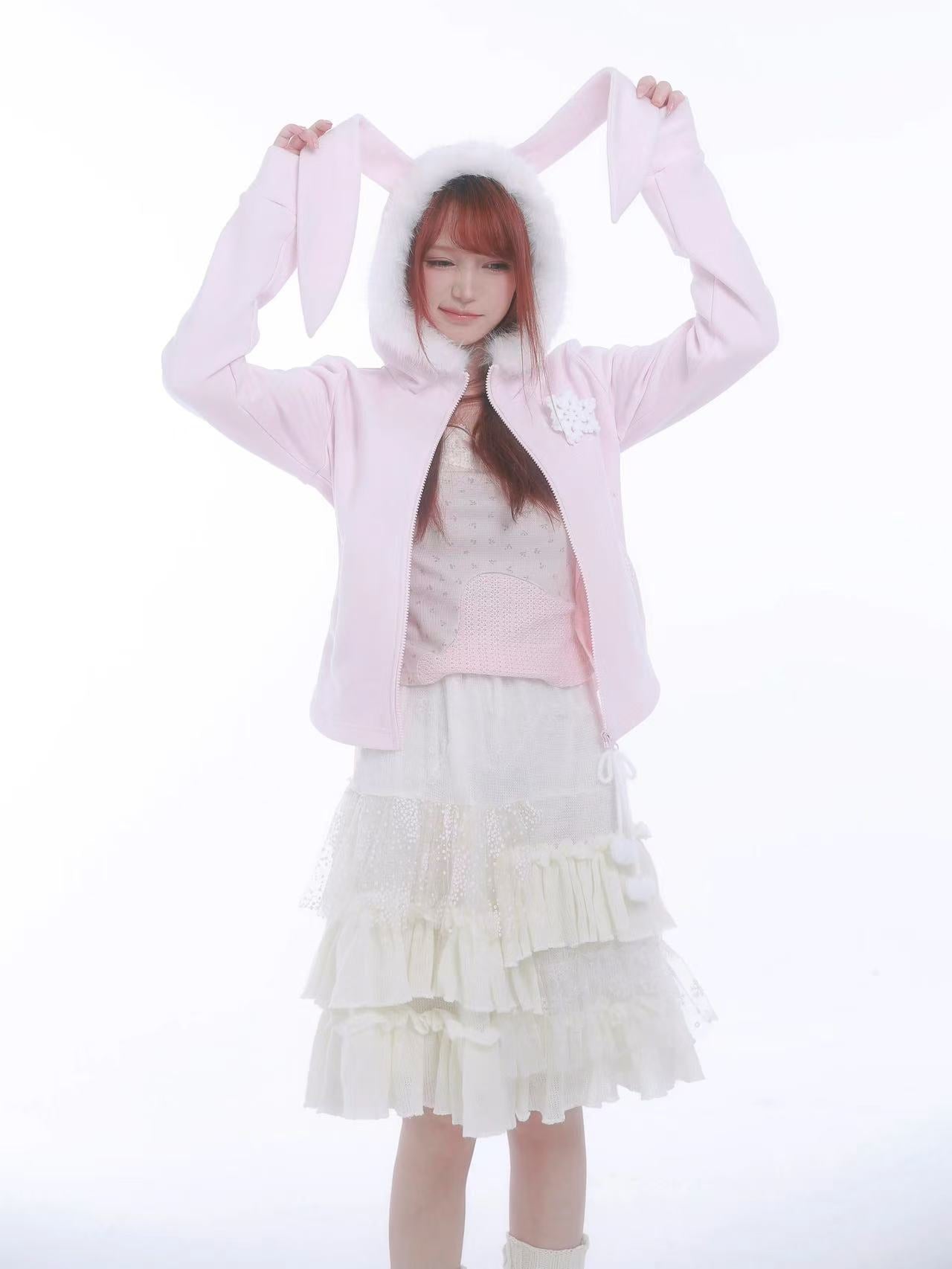 [Rose Island]Little Snow Bunny Rabbit ears hoodie jacket