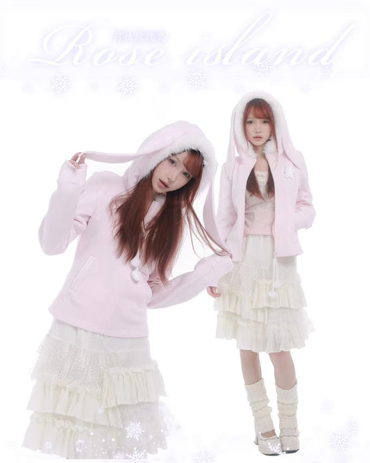 [Rose Island]Little Snow Bunny Rabbit ears hoodie jacket