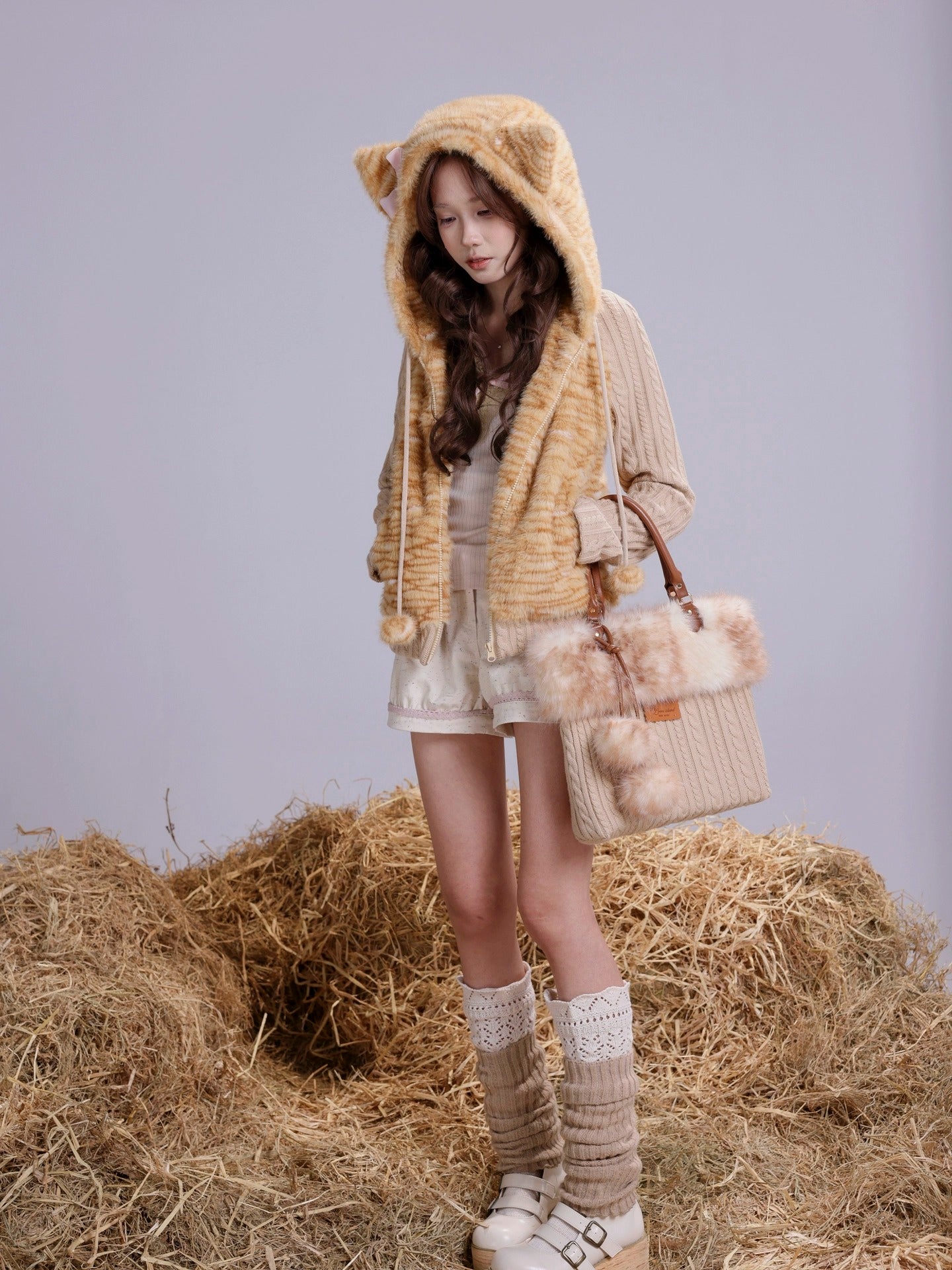 Rose Island warm orange tabby fur patchwork knitted slim-fit hooded jacket, cute and unique original design