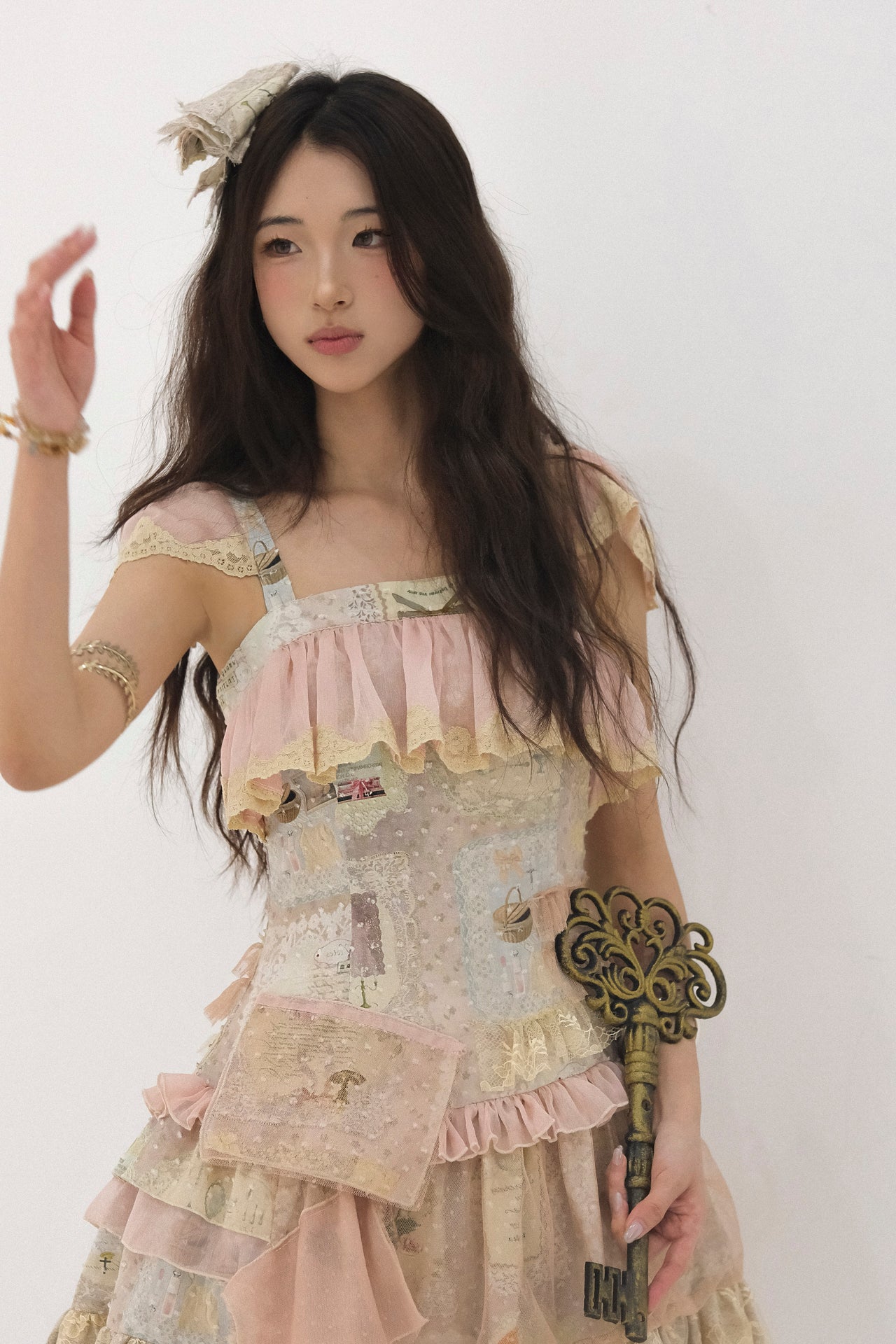 [Rose Island] Vintage lace journal, original printed irregular cotton fabric, antique-style ruffle splicing fashion slim JSK