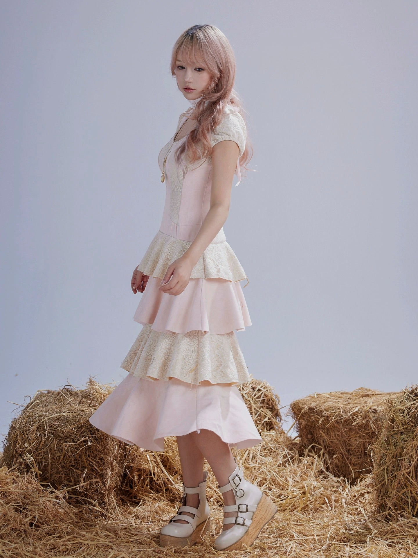 Rose Island Twin Sheep Irregular Suede Patchwork Lace Autumn and Winter Puff Sleeve Dress