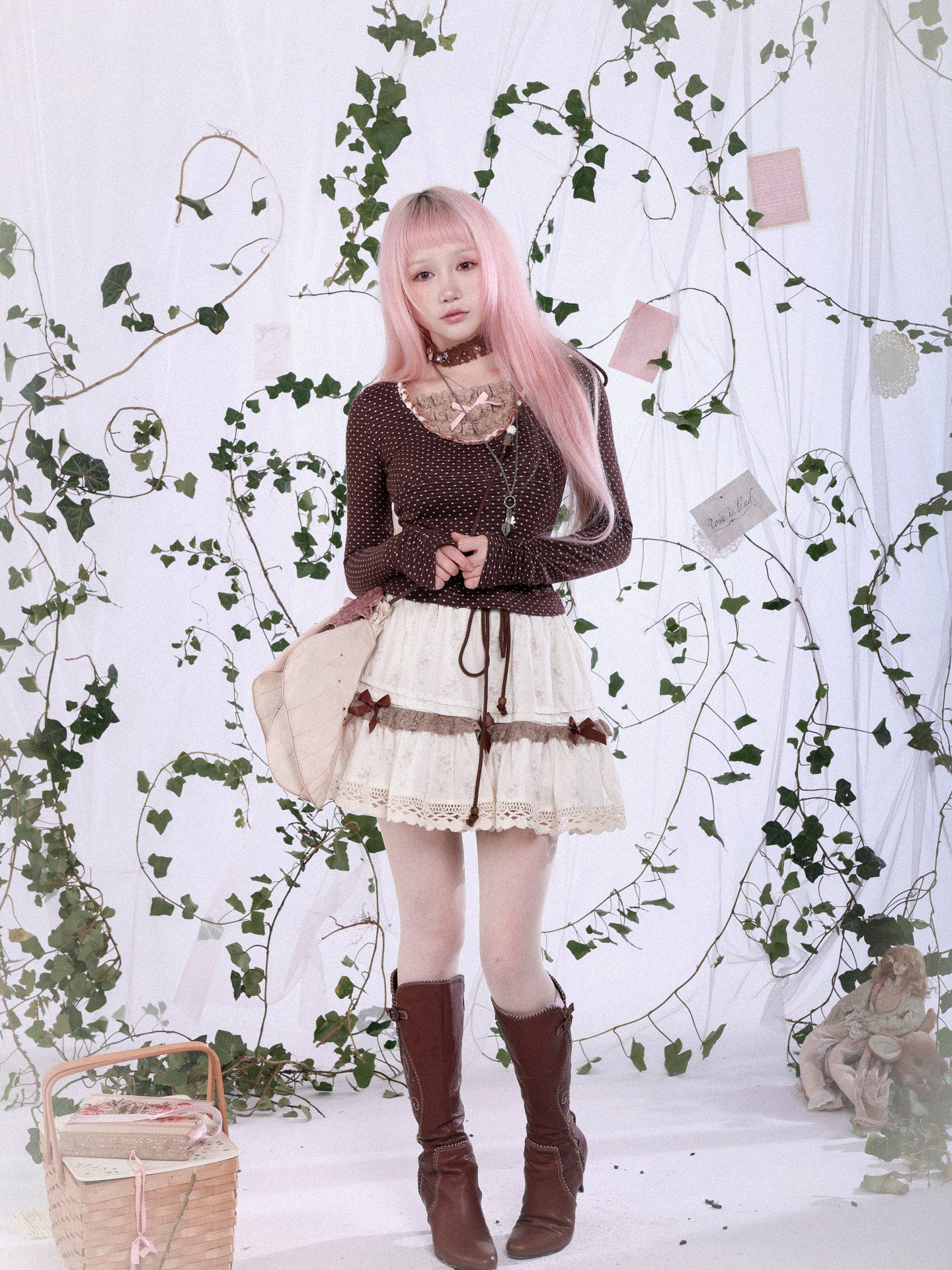 ROSE ISLAND Autumn Bouquet Forest-style Lace Floral Print Cotton Skirt Anti-Exposure Bloomers