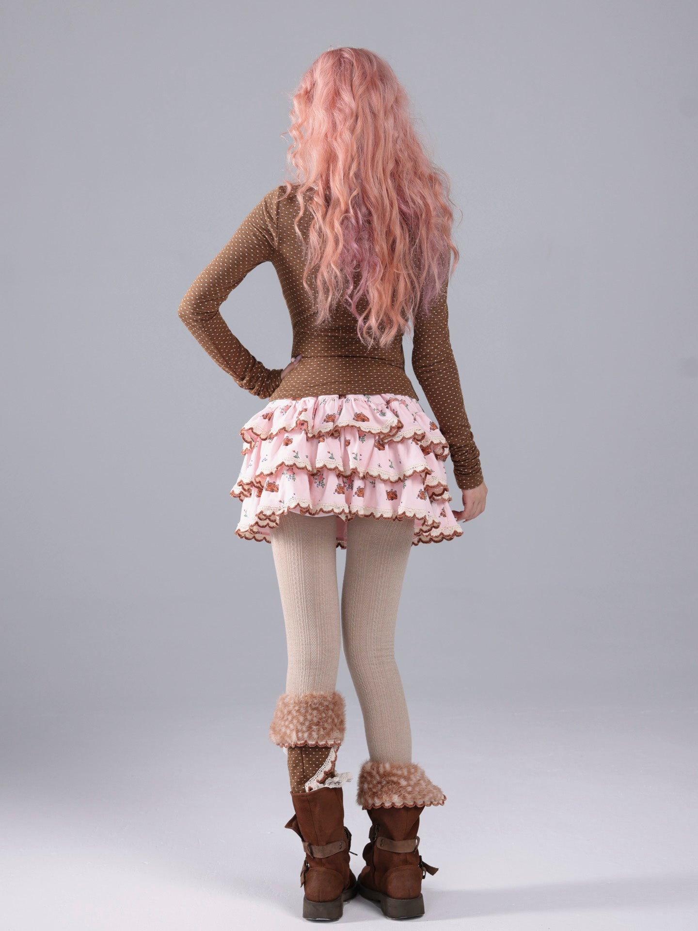 ROSE ISLAND Brown Polka Dot Knit Lace Splice Long-Sleeve Base Shirt for Autumn and Winter