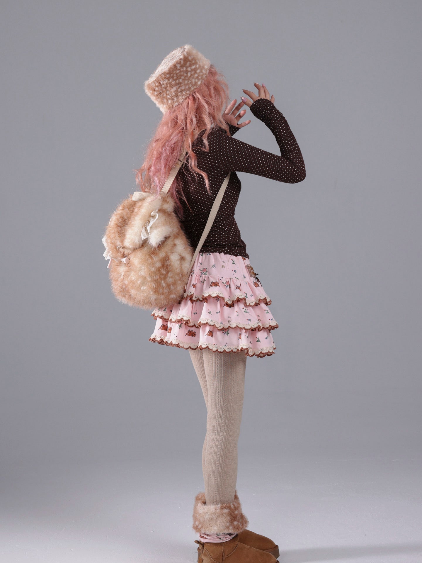 ROSE ISLAND Deer Print Layered Irregular Cake Skirt Mini Skirt with Fleece Safety Shorts