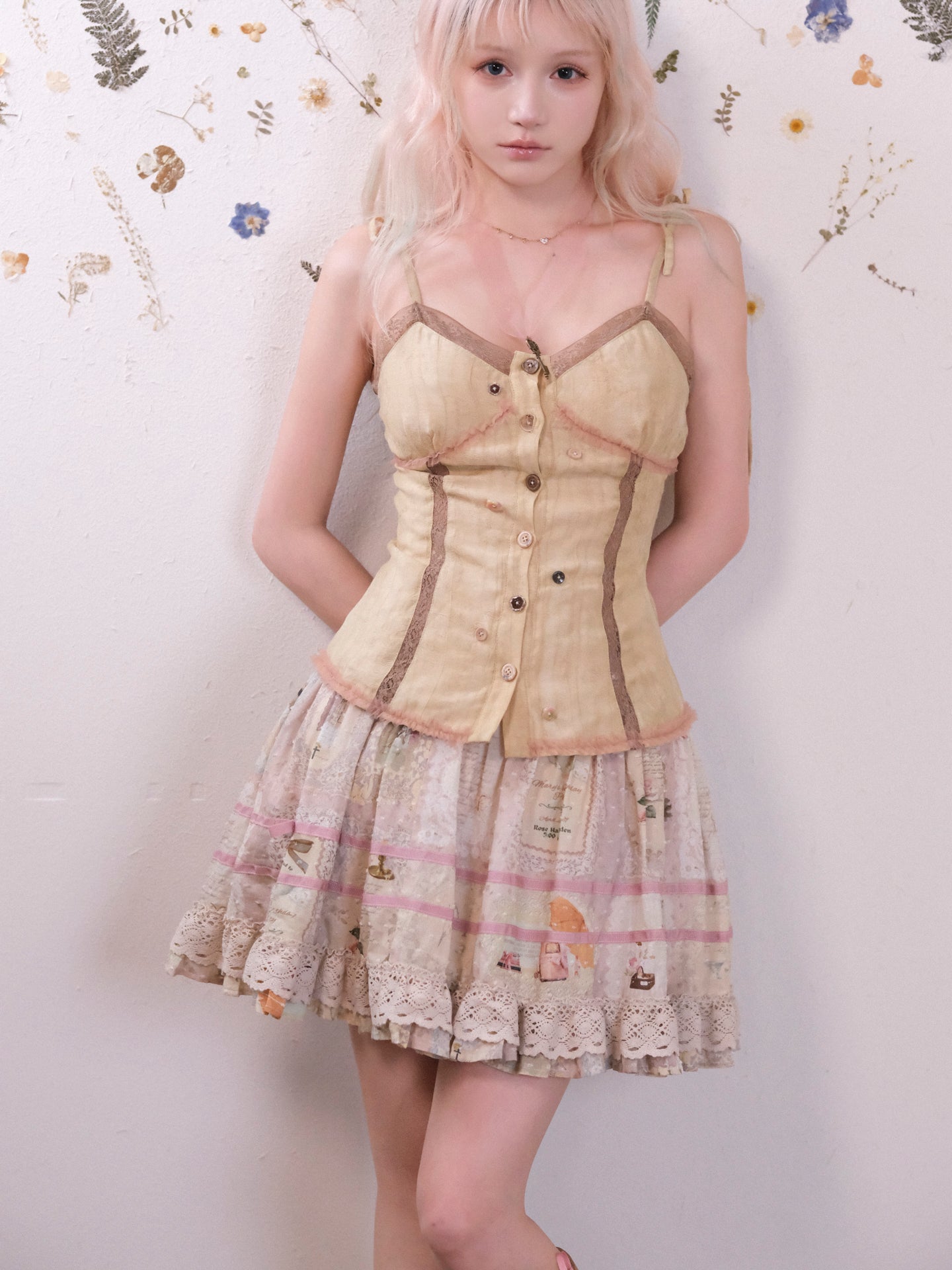 Rosé Isle Little Island Postman Retro Print Patchwork Design Lace Trim Decorated Skirt