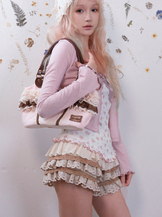 Rosé Isle Apricot Cake Pure Cotton Lace Ruffle High-Waist Base Shorts