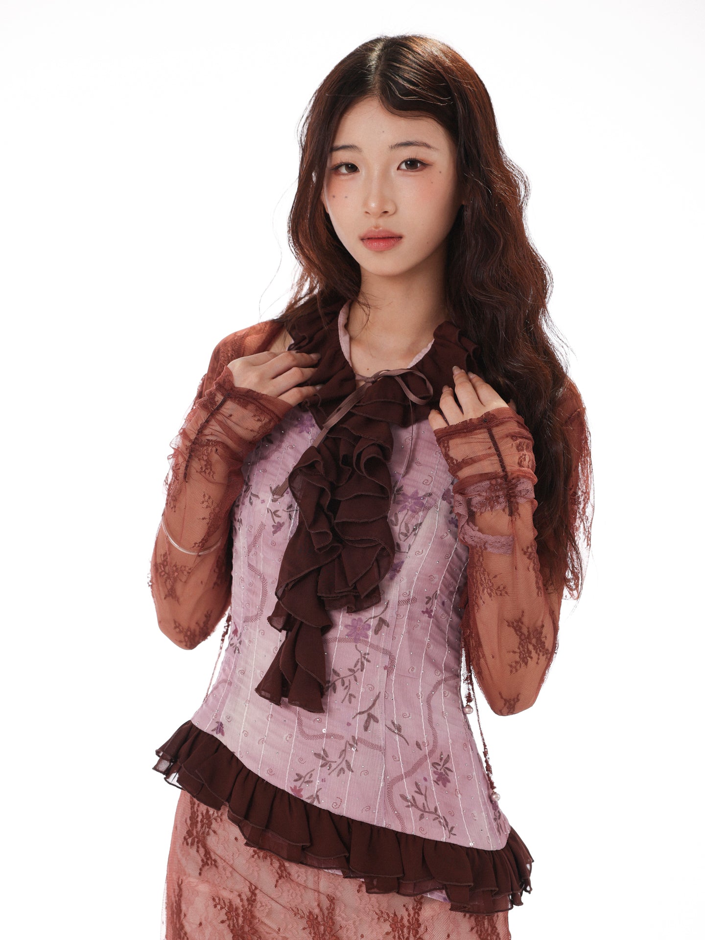[Rose Island] Fog and Plum Lace Texture Long Sleeve Lantern Sleeve Stretch Short Cardigan