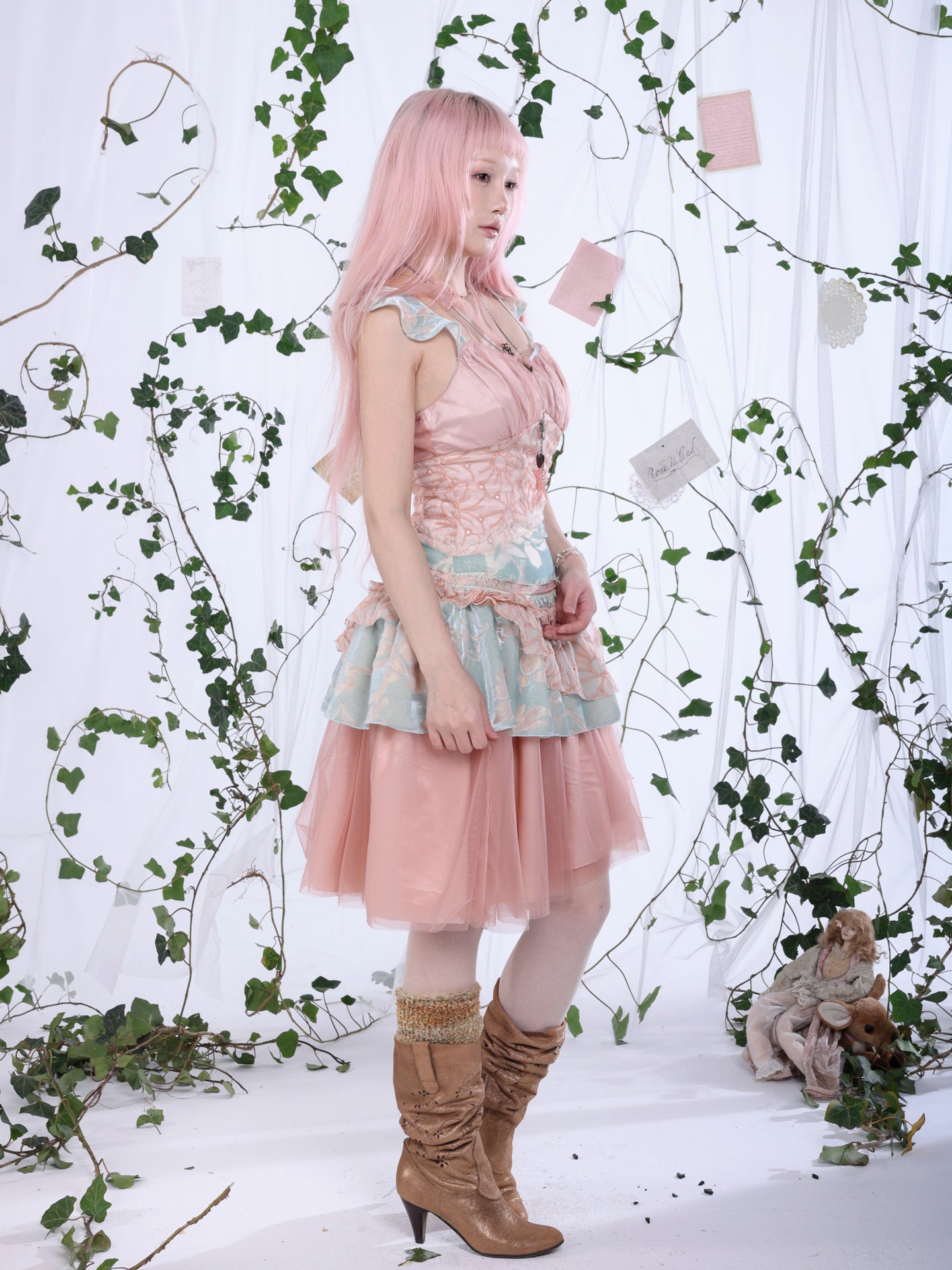 Rosé Isle Kingfisher Dream Color-Block Lace Silk Flocked Multi-Layer Irregular Cake Dress
