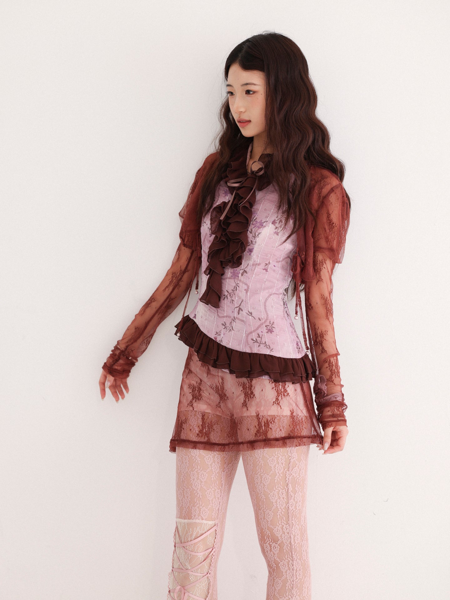 [Rose Island] Irregular Patchwork Lace Mesh Flared Pants Vintage Style Brown Version