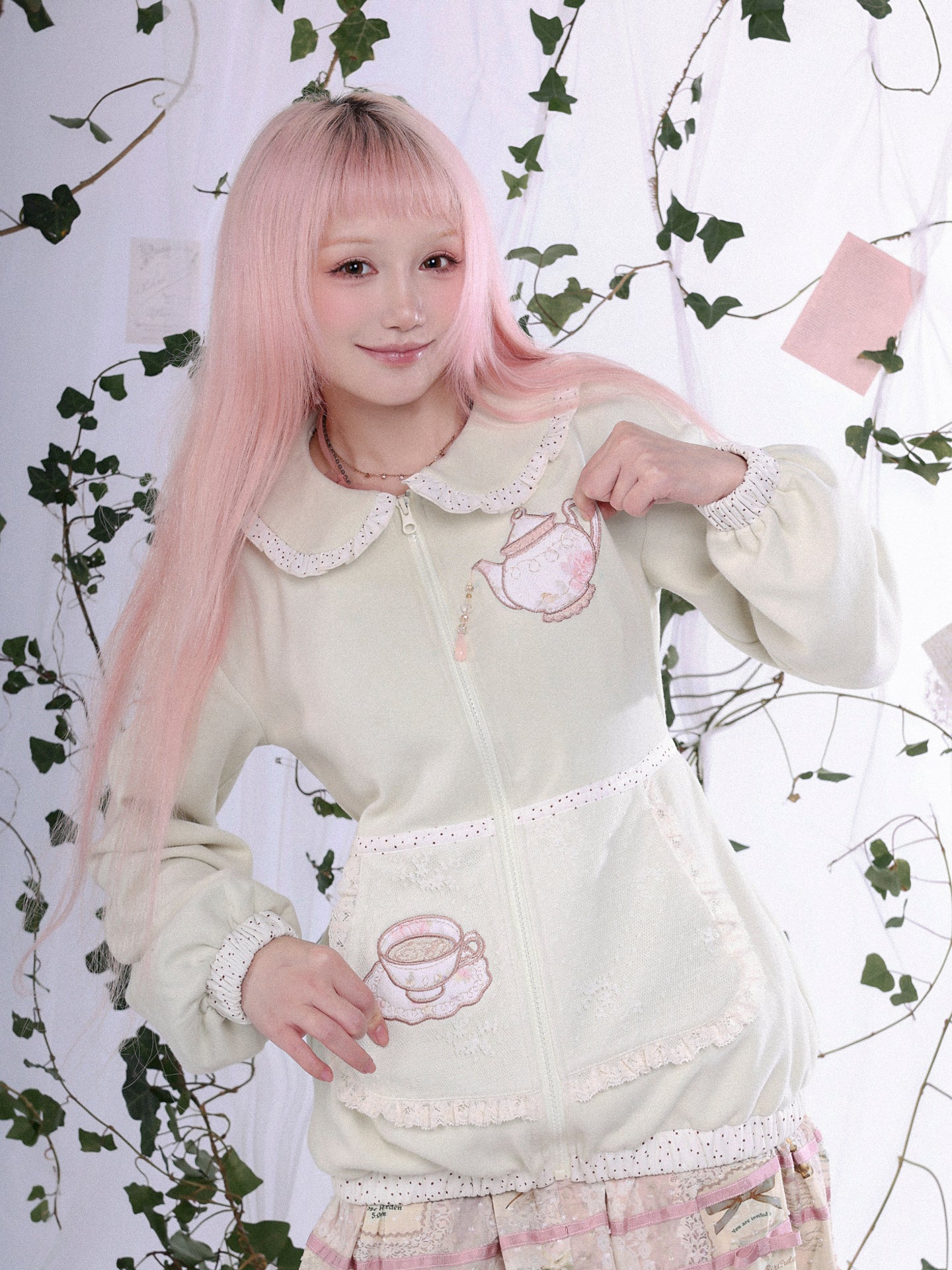 ROSE ISLAND Bubble Teapot Fake Apron Pocket Design Sense Loose Comfortable Doll Collar Cardigan Sweatshirt Jacket,matcha