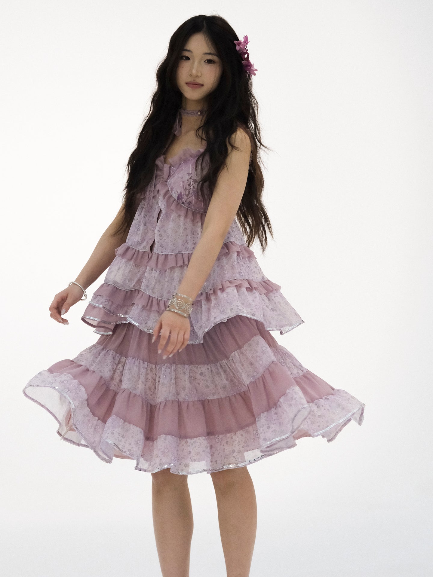 [ROSE ISLAND] Ziyanghua Section Floral Chiffon A-Line Large Swing Panel Spliced Sequin Skirt