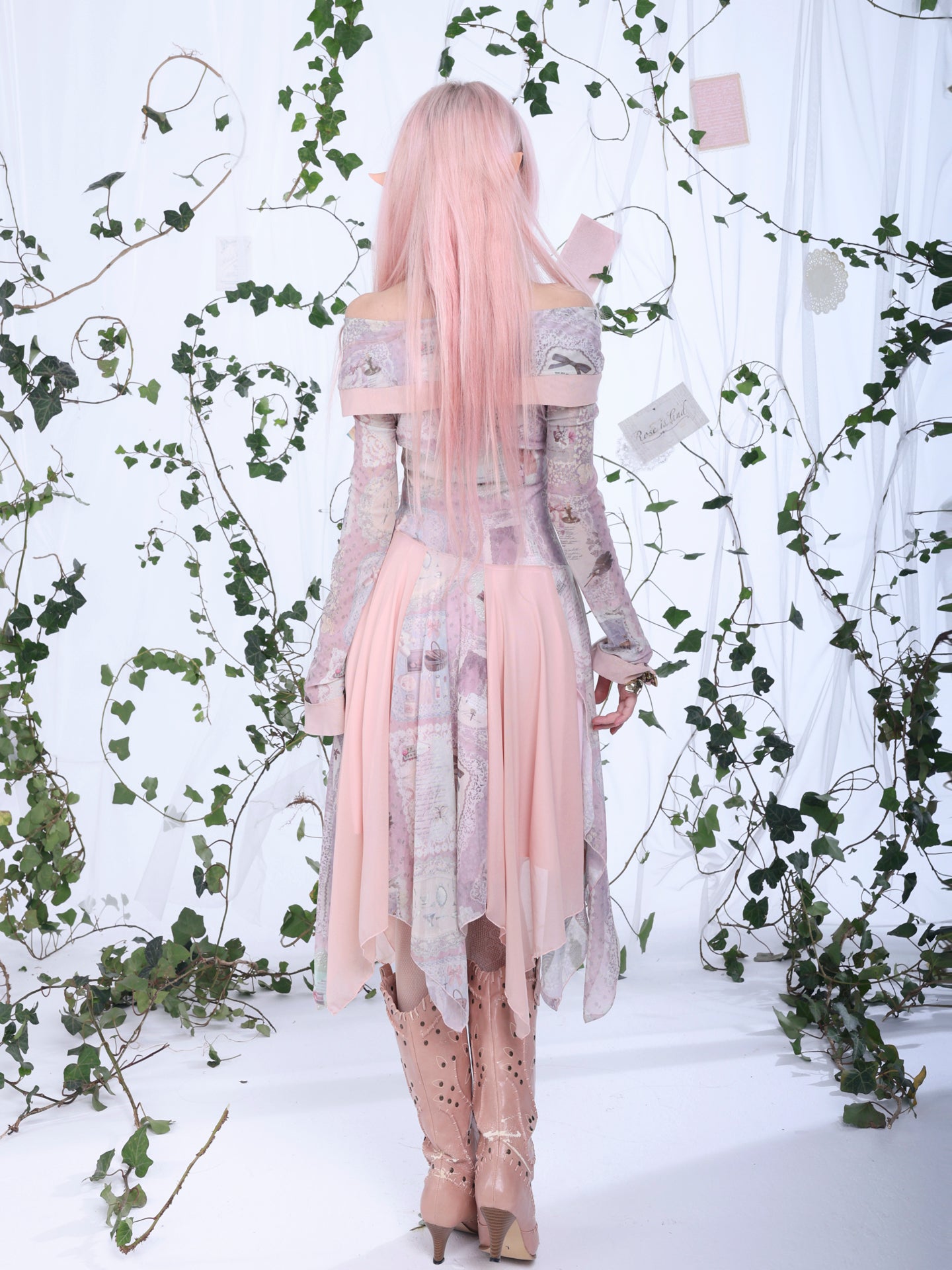 Rosé Isle Old-Time Letter Vintage Print Stretch Mesh Dress Off-Shoulder Irregular Spliced Hem