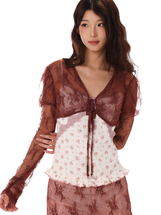 [Rose Island] Fog and Plum Lace Texture Long Sleeve Lantern Sleeve Stretch Short Cardigan