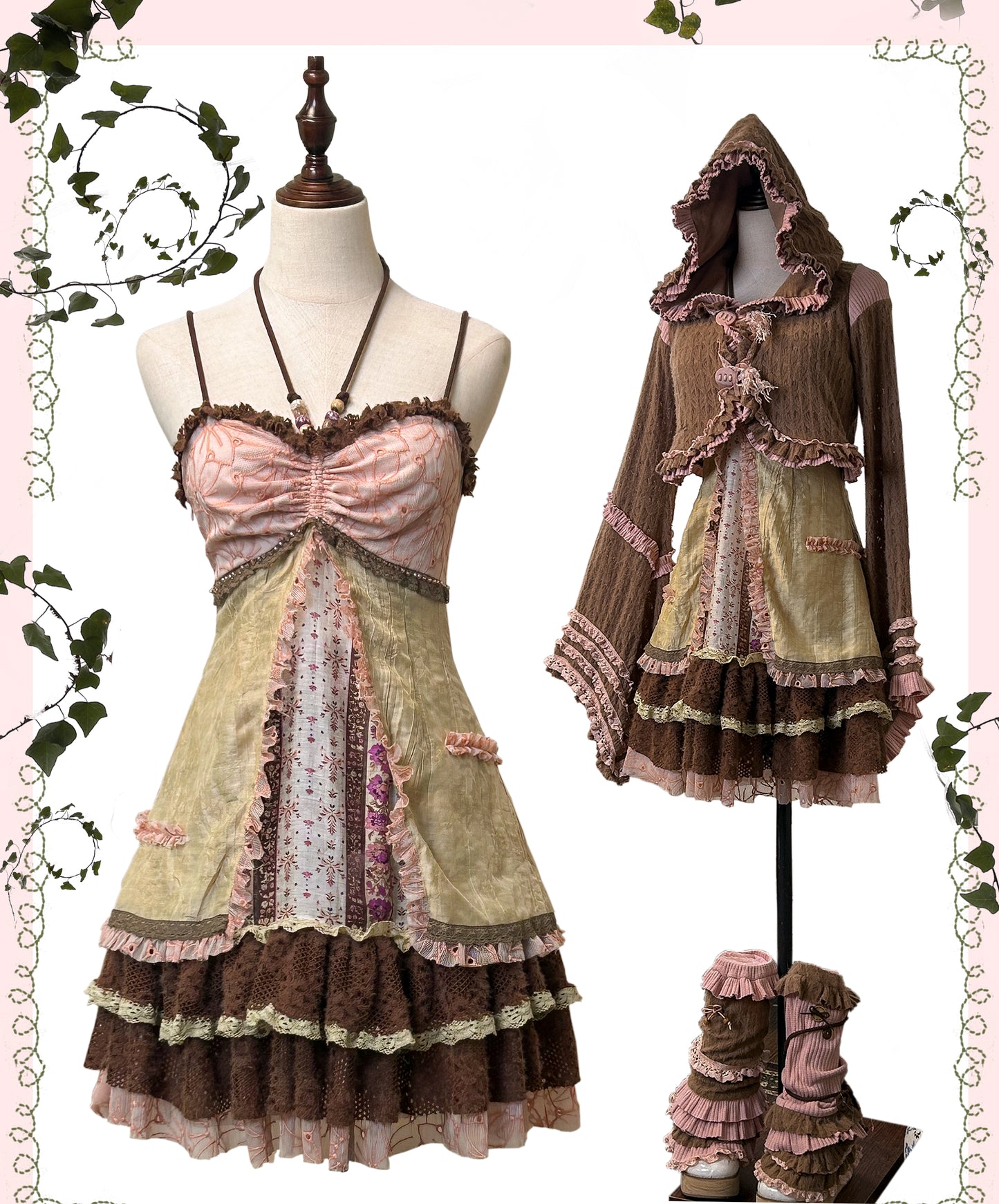 ROSE ISLAND Fairycore Sprout Spring Crystal Beaded Button-Up Elf-Inspired Fitted Dress