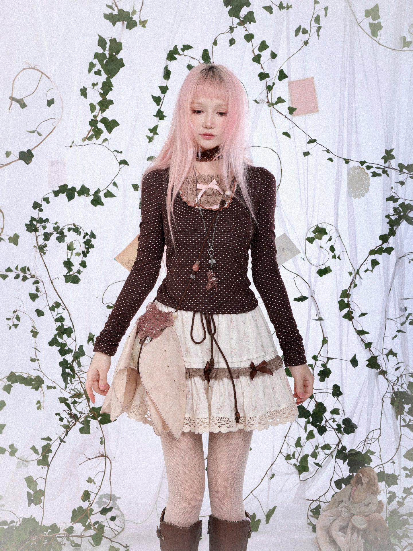ROSE ISLAND Autumn Bouquet Forest-style Lace Floral Print Cotton Skirt Anti-Exposure Bloomers