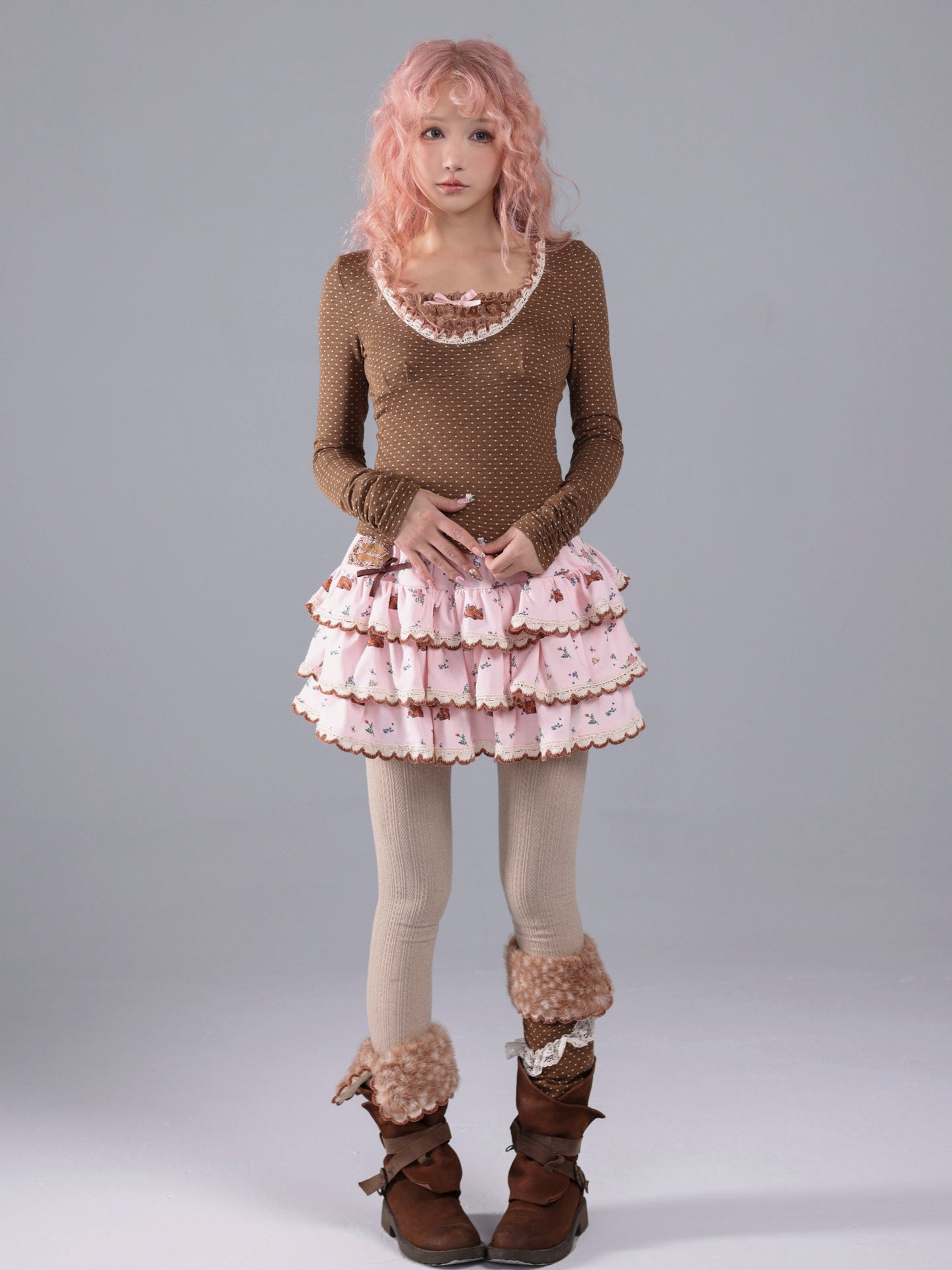 ROSE ISLAND Brown Polka Dot Knit Lace Splice Long-Sleeve Base Shirt for Autumn and Winter