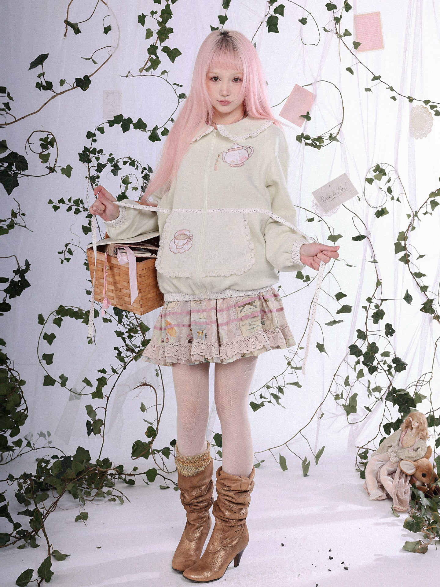 ROSE ISLAND Bubble Teapot Fake Apron Pocket Design Sense Loose Comfortable Doll Collar Cardigan Sweatshirt Jacket,matcha