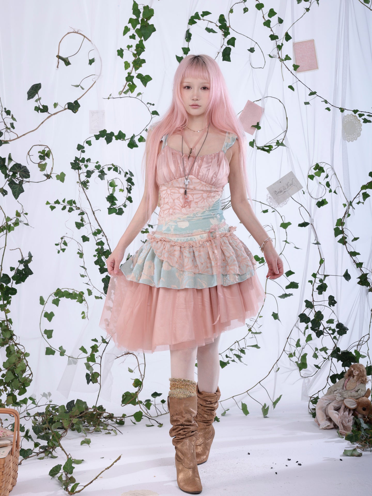 Rosé Isle Kingfisher Dream Color-Block Lace Silk Flocked Multi-Layer Irregular Cake Dress
