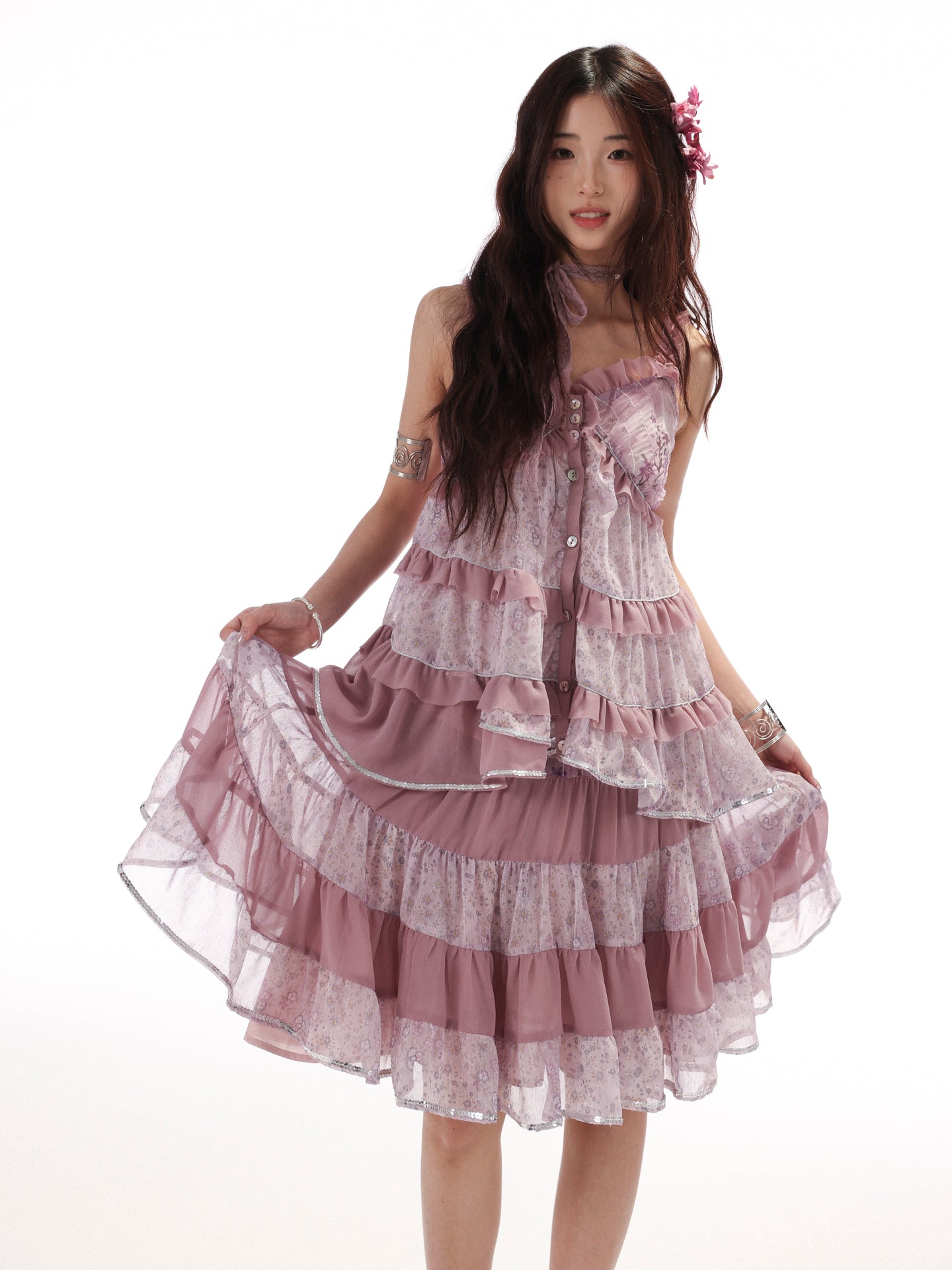[ROSE ISLAND] Ziyanghua Section Floral Chiffon A-Line Large Swing Panel Spliced Sequin Skirt