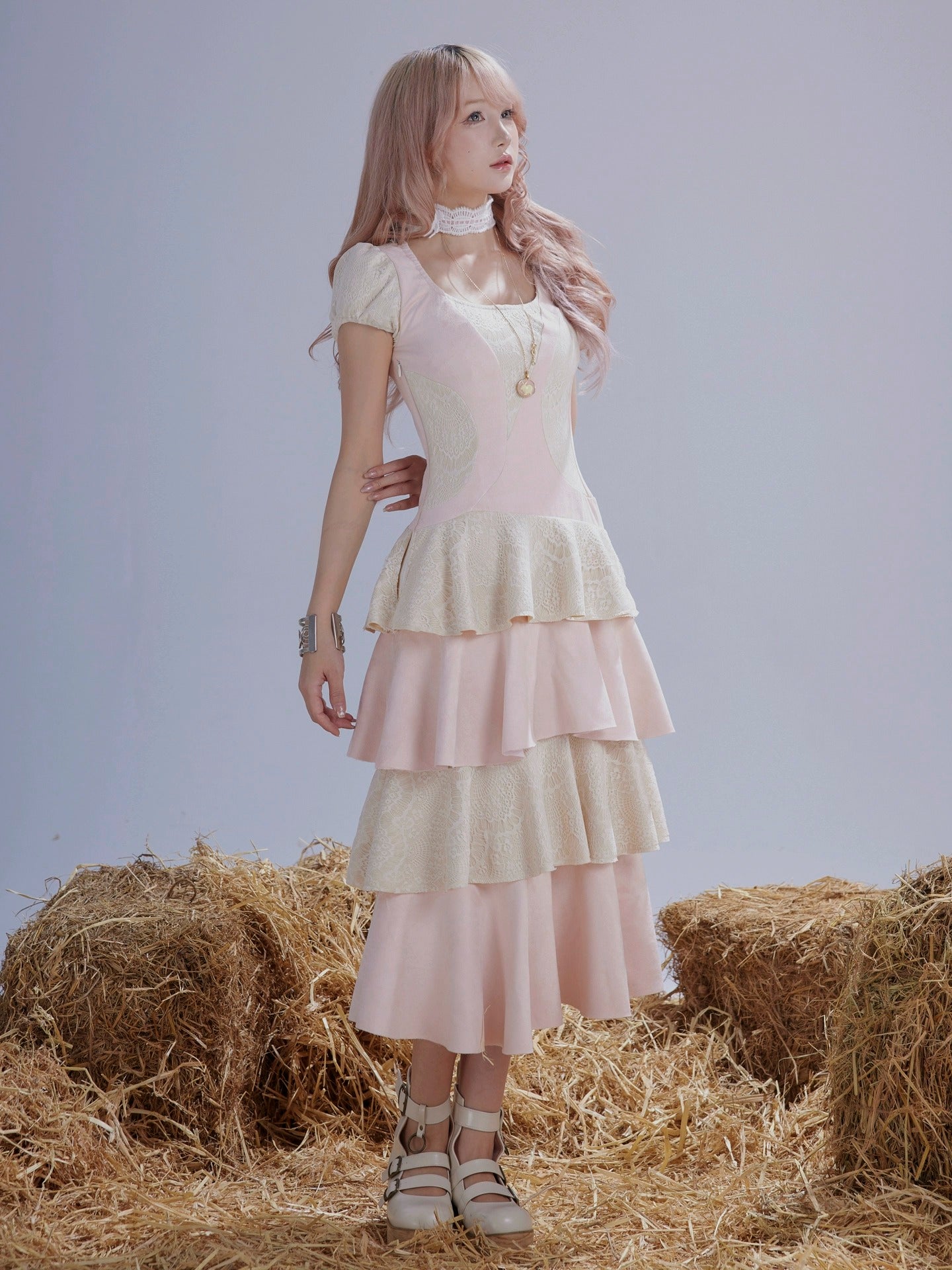 Rose Island Twin Sheep Irregular Suede Patchwork Lace Autumn and Winter Puff Sleeve Dress