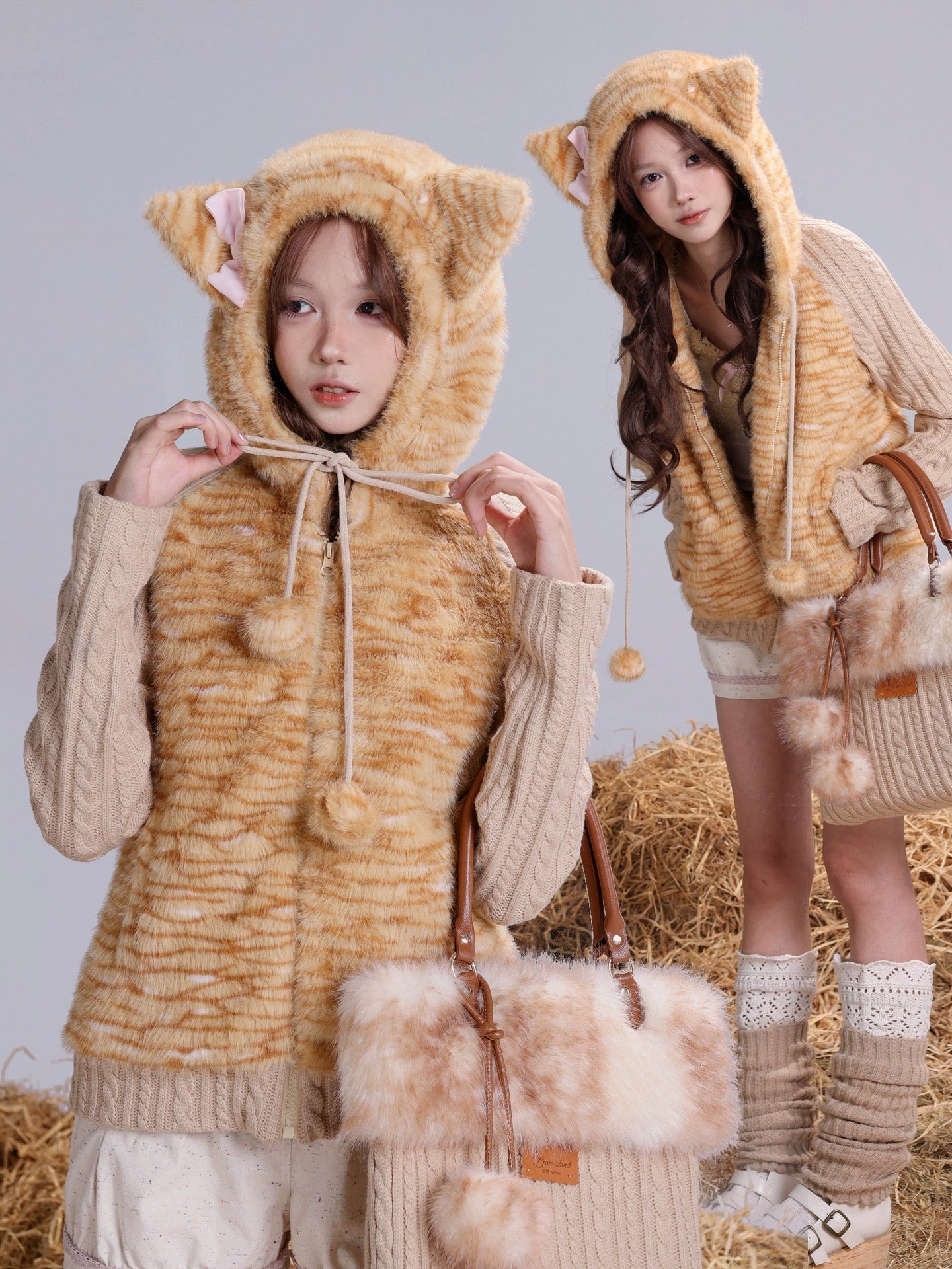 Rose Island warm orange tabby fur patchwork knitted slim-fit hooded jacket, cute and unique original design